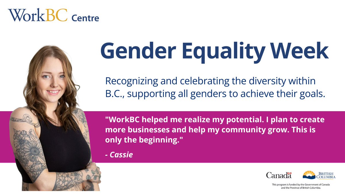 TerraceWorkbc's tweet image. This week is Gender Equality Week! WorkBC is here to help you achieve your employment goals. Contact us today for free employment services.

#WorkBC #GEW #WorkBCCentreTerrace