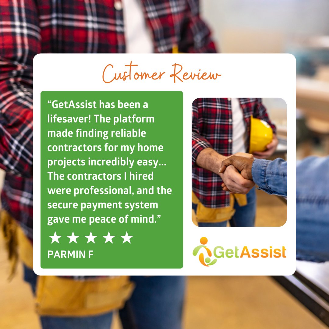 GetAssistApp's tweet image. "GetAssist has been a lifesaver! The platform made finding reliable contractors for my #homeprojects incredibly easy, with a simple interface to browse & connect with skilled professionals."
PARMIN F
Find local, skilled & vetted #contractors on GetAssist!
getassist.com