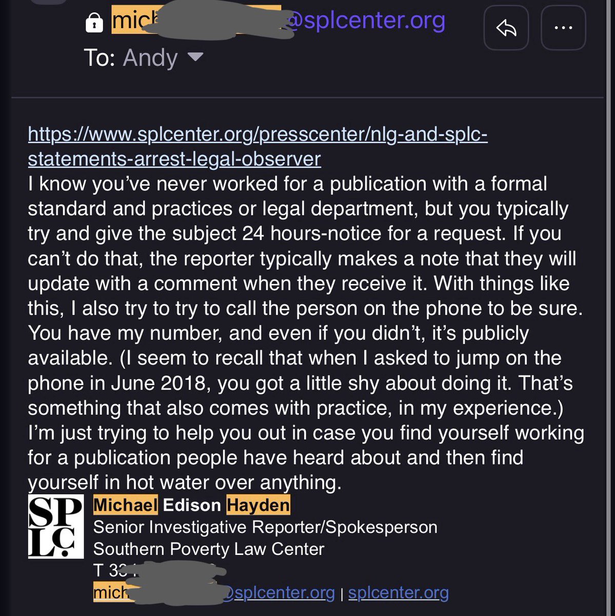 Andy Ngo (@mrandyngo) on Twitter photo Yes, the <a href="/splcenter/">Southern Poverty Law Center</a> has close ties to Antifa and far-left violent extremists.
Michael Hayden, a spokesperson for the registered nonprofit, is part of Antifa.
Thomas Jurgens, another staffer for the group, was charged with domestic terrorism in an Antifa RICO case in Georgia Yes, the <a href="/splcenter/">Southern Poverty Law Center</a> has close ties to Antifa and far-left violent extremists.
Michael Hayden, a spokesperson for the registered nonprofit, is part of Antifa.
Thomas Jurgens, another staffer for the group, was charged with domestic terrorism in an Antifa RICO case in Georgia