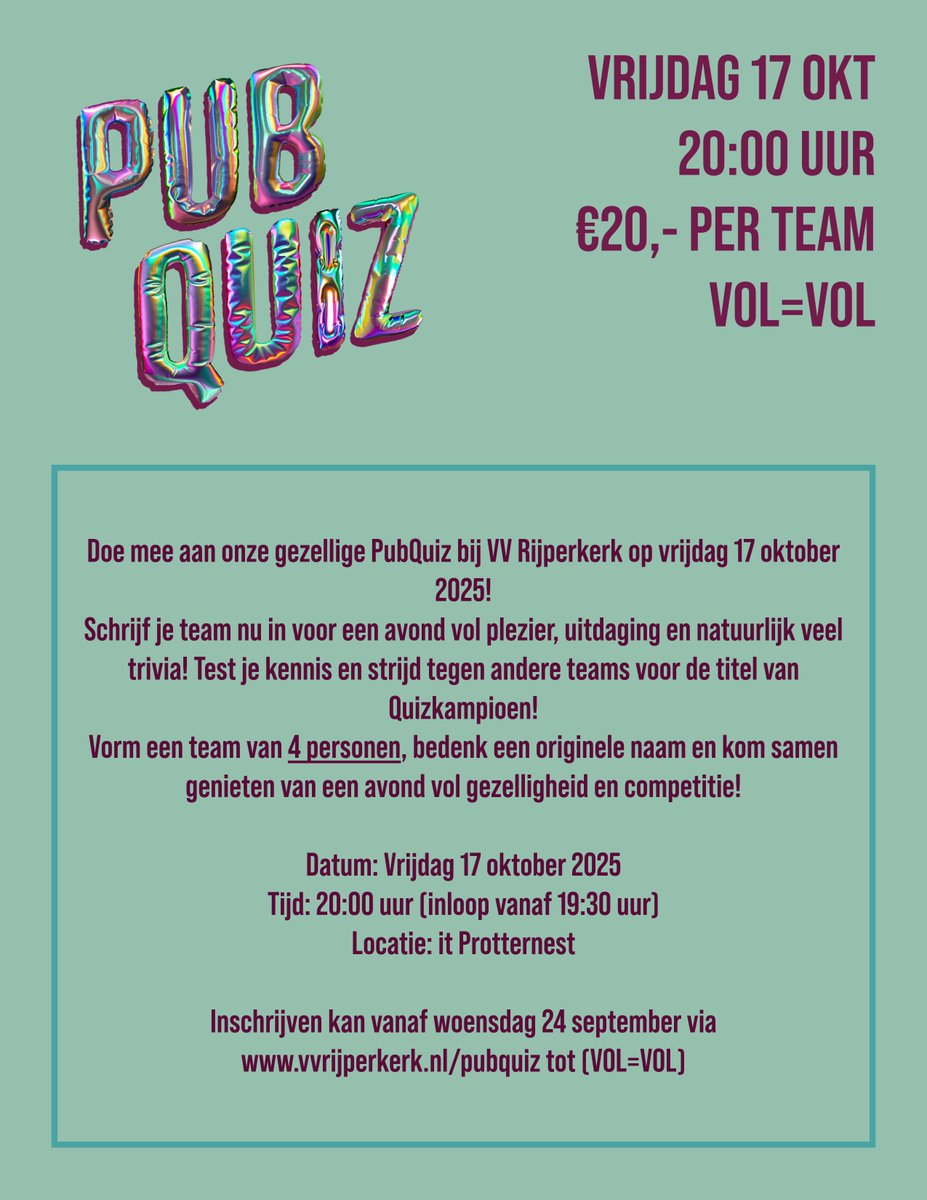 Ben jij de wandelende encyclopedie van je voetbalteam? Test je kennis en doe mee met onze pubquiz, met vragen speciaal bedacht door quizmaster Franke!

Opgeven: De inschrijving opent op woensdag 24 september om 19:30 uur. Aanmelden via vvrijperkerk.nl/pubquiz  VOL=VOL