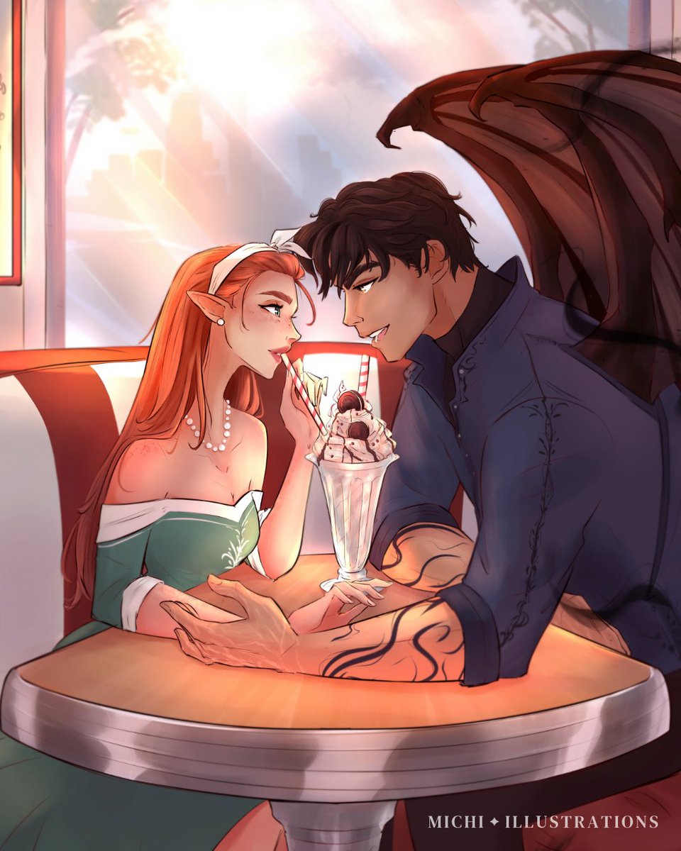 Gwyn and Azriel are seen out on a date sharing a Cookies N Cream milkshake looking lost in each other's gazes as they gravitate towards each other even across the table 🩵🥰💙

Artist: Michi Illustrations
Commissioner: Me

🏷 #gwynriel #fanart
#gwynethberdara #azrielshadowsinger