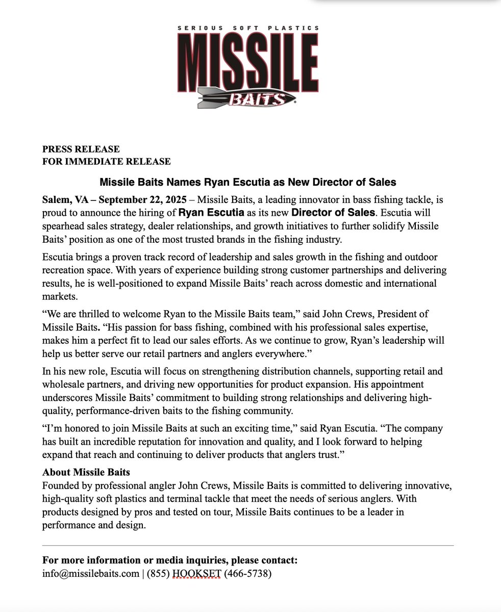 Missile Baits is proud to announce the hiring of Ryan Escutia as its new Director of Sales. See full Press Release below! 
#missilebaits #bassfishing #missilebaitsfamily