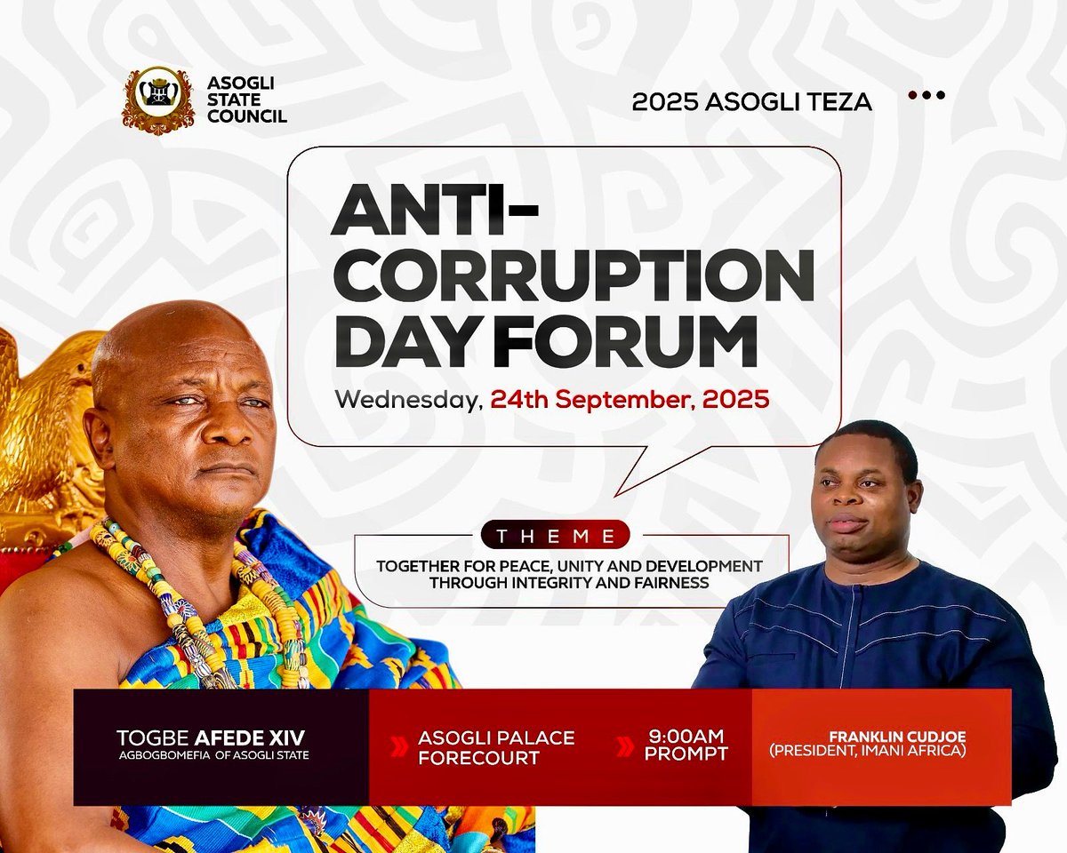 As part of the 2025 Asogli Te Za, we mark Anti-Corruption Day. I call on all citizens and leaders to reject corruption and uphold integrity, transparency &amp; accountability. Together, we can protect our values and build a brighter future.