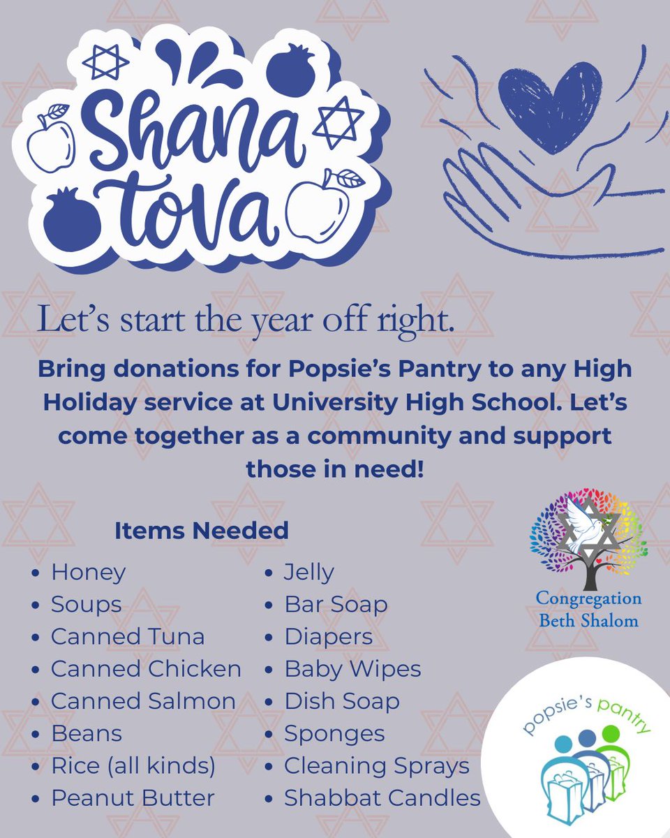 cbs_indy's tweet photo. Start the New Year with Kindness 💙
Bring donations for Popsie’s Pantry to any High Holiday service at University High School. Let’s come together as a community and support those in need. 

#GiveBack #HighHolidays #PopsiesPantry https://t.co/jgXKj56pev