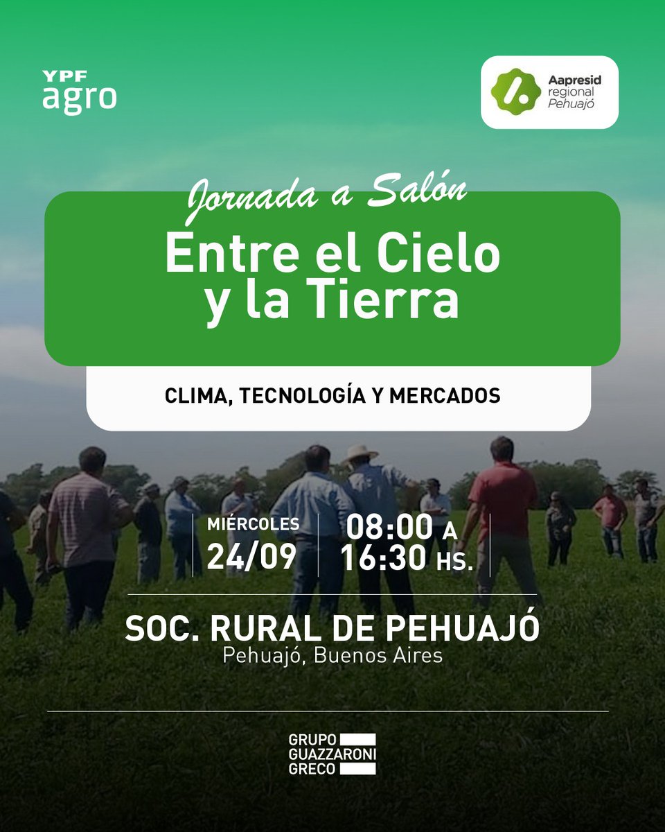 Regional #Pehuajó te invita a su primer UPA sobre tecnologías, mercados de granos, mitos y realidades en las aplicaciones de productos fitosanitarios ¡y más!
MIÉRCOLES 24/09 - 08:00hs
Sociedad Rural de Pehuajó, Pehuajó, Bs. As.
¡Te esperamos! #JuntosSabemosMás 🚀 <a href="/aapresid/">Aapresid</a>