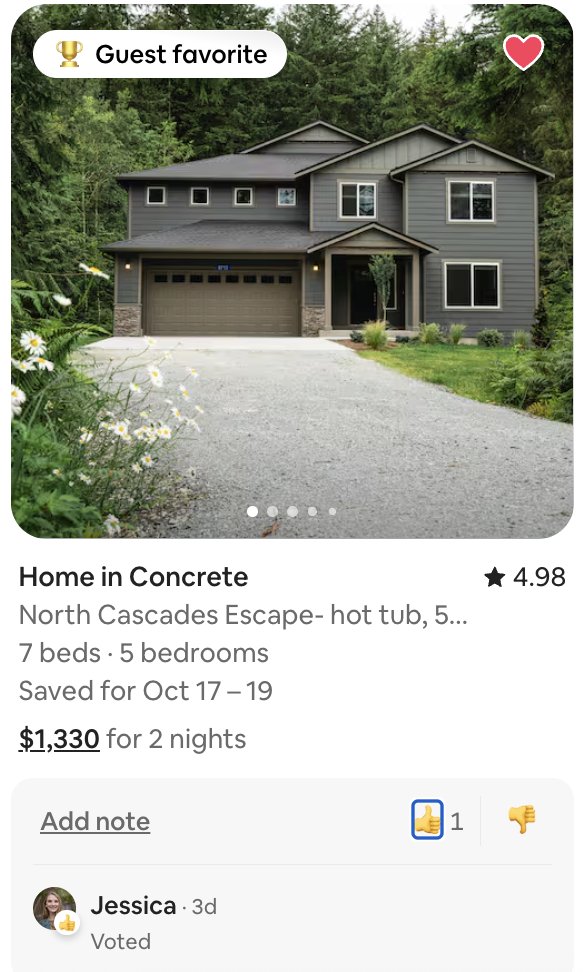 What a delightful feature <a href="/Airbnb/">Airbnb</a> ! You can now make joint-wishlists and have people vote on houses and add notes. Our ski trip planning is about to get so much easier 😈
