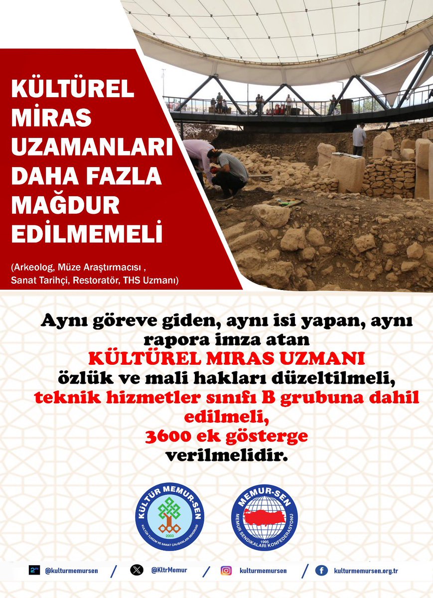 Aynı göreve giden, aynı işi yapan aynı rapora imza atan Kültürel Miras Uzmanlarının özlük ve mali hakları düzeltilmeli, teknik hizmetler sıfını B grubuna dahil edilmeli, 3600 ek gösterge verilmeli.
#KültürelMirasUzmanı #EşitİşeEşitHak
<a href="/KltrMemur/">Kültür Memur-Sen</a> <a href="/muzecilerderneg/">Müzeciler Derneği MUZEDER</a>