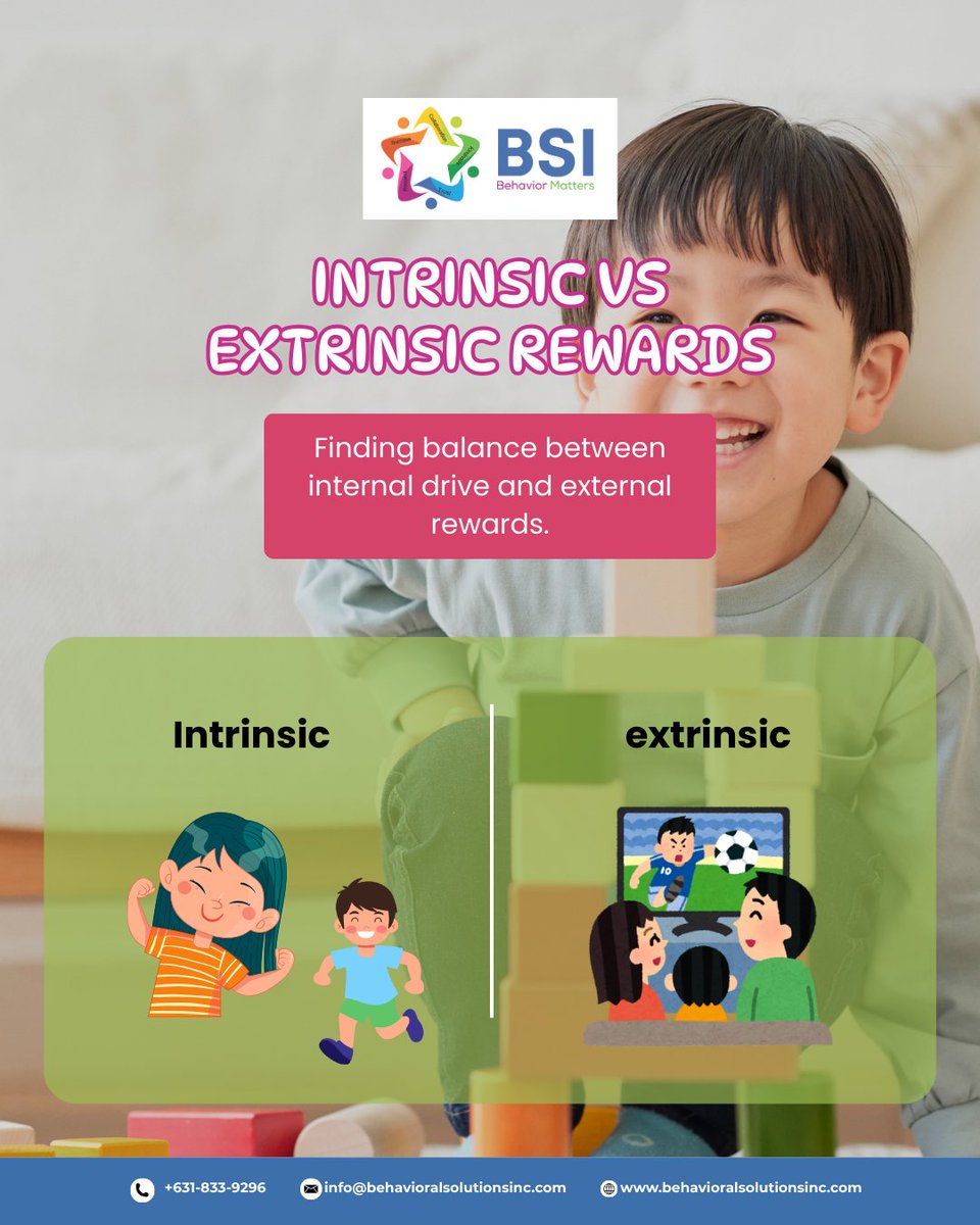 BehaviorSolInc's tweet image. Motivation plays a big role in how children learn and grow. 
At BSI, we encourage a balance:
Use rewards to guide behavior in the short-term. Pair them with opportunities for children to feel proud of their effort and progress.
#BehaviorSolutions #ABAtherapy #Motivation