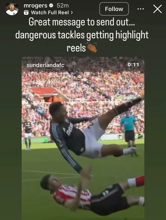 Morgan Rogers has called out Sunderland's Instagram, after they posted a video of him getting tackled by Trai Hume.

Not happy! 😳😳😳