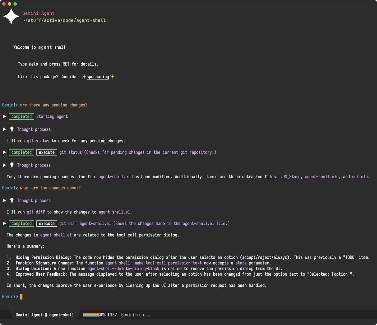 xenodium's tweet image. Any Linux + Claude Code (or Gemini CLI) + Emacs users out there?
Looking to make my first public release of a new Emacs agent shell (via ACP). I could use eyes on Linux.
Ping me your GitHub handle and I'll invite ya.
#emacs #claude #anthropic #ai #google #gemini #linux #github