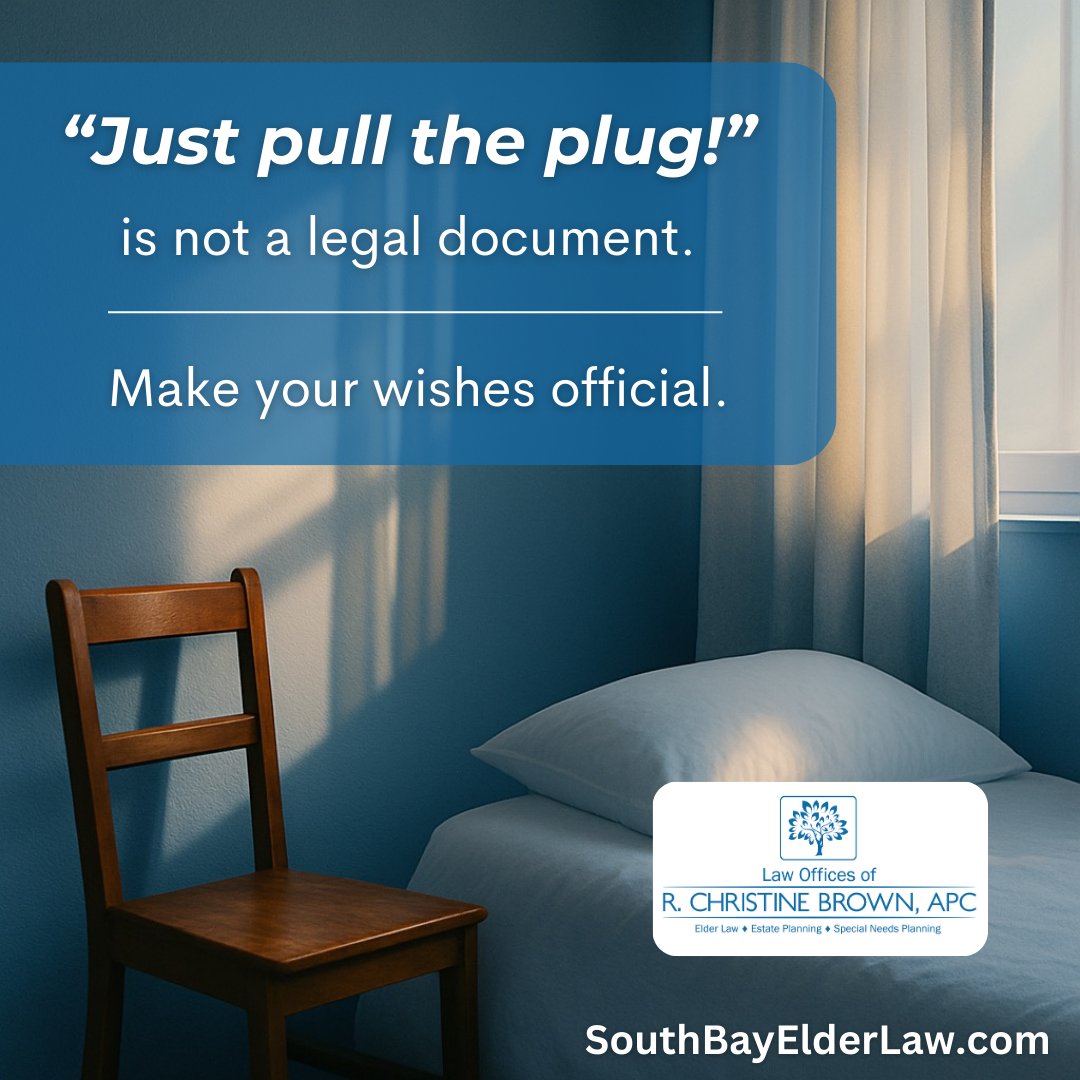 rchristinebrown's tweet image. "Just pull the plug!" is not a legal document.

Make your wishes official with clear, legally binding documentation. Your family will thank you for removing the guesswork during an already difficult time.

📞 (310) 782-6322
🌐SouthBayElderLaw.com  

#HealthcareDirective