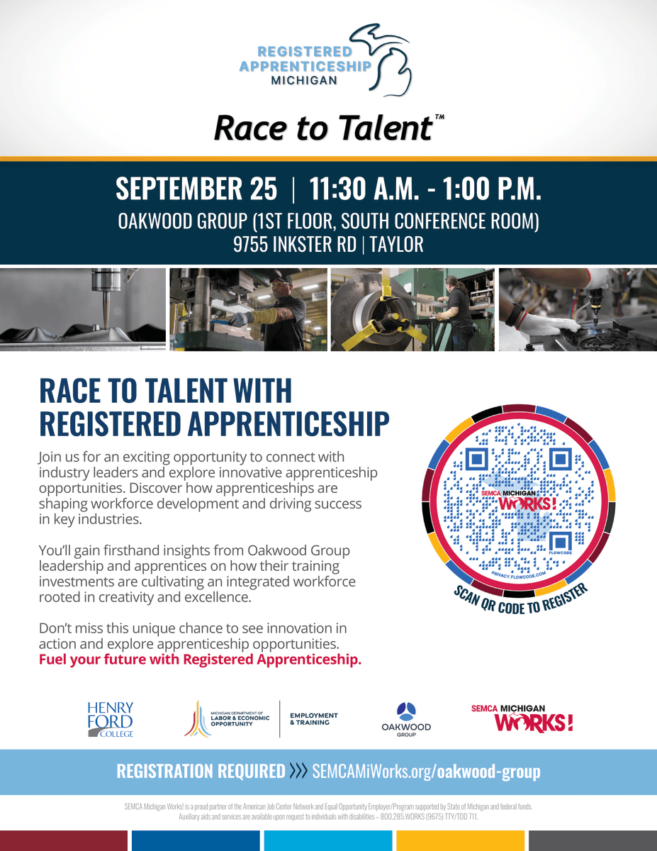 Michigan Works! (@michworksassn) on Twitter photo Join <a href="/SEMCAMiWorks/">SEMCA Michigan Works!</a> Sept. 25 as they spotlight The Oakwood Group’s #RegisteredApprenticeship program, where employers + apprentices are building career pathways that close talent gaps.
📍 The Oakwood Group
🕦 11:30 AM–1 PM
🔗 lnkd.in/gxa8JKvJ
#MIWorks #RaceToTalent Join <a href="/SEMCAMiWorks/">SEMCA Michigan Works!</a> Sept. 25 as they spotlight The Oakwood Group’s #RegisteredApprenticeship program, where employers + apprentices are building career pathways that close talent gaps.
📍 The Oakwood Group
🕦 11:30 AM–1 PM
🔗 lnkd.in/gxa8JKvJ
#MIWorks #RaceToTalent