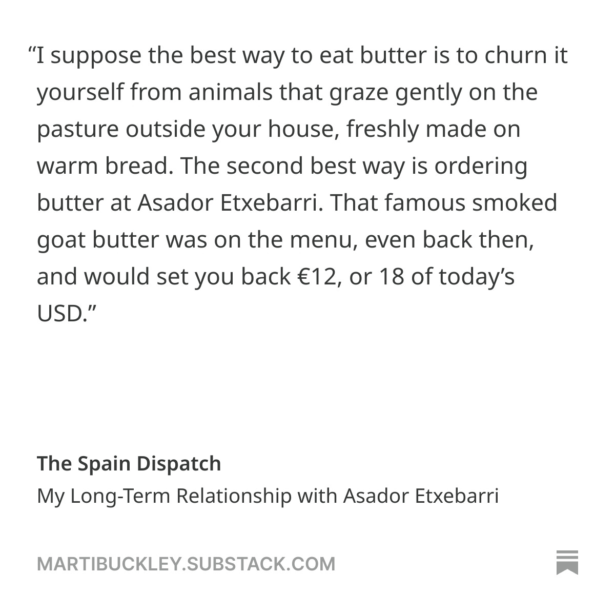 marti buckley (@martibk) on Twitter photo you’ve got mail! 
If you subscribe to my substack, that is. 
I take a leisurely walk down memory lane, this time on Etxebarri block, reminiscing the days we used to pop in for a steak ... check it out and subscribe if you like!
substack.com/home/post/p-17… you’ve got mail! 
If you subscribe to my substack, that is. 
I take a leisurely walk down memory lane, this time on Etxebarri block, reminiscing the days we used to pop in for a steak ... check it out and subscribe if you like!
substack.com/home/post/p-17…