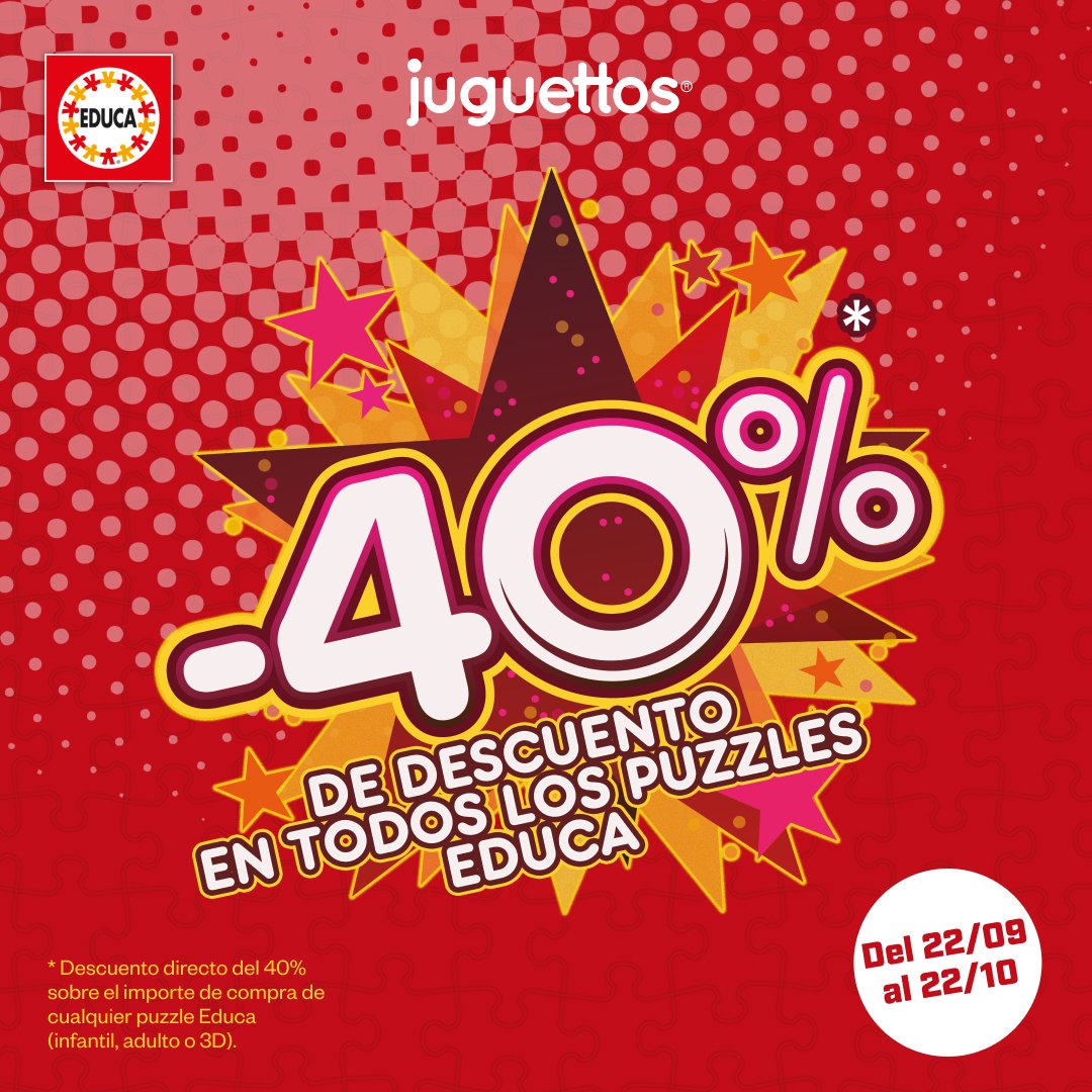 🧩 ¡Desafío aceptado!
Puzzles Educa con 40% de descuento en Juguettos Parque Almenara.

📅 Del 22 de septiembre al 22 de octubre.
🤩 ¿Cuántas piezas podrás encajar?

#ParqueAlmenara #Juguettos #VueltaAlCole
