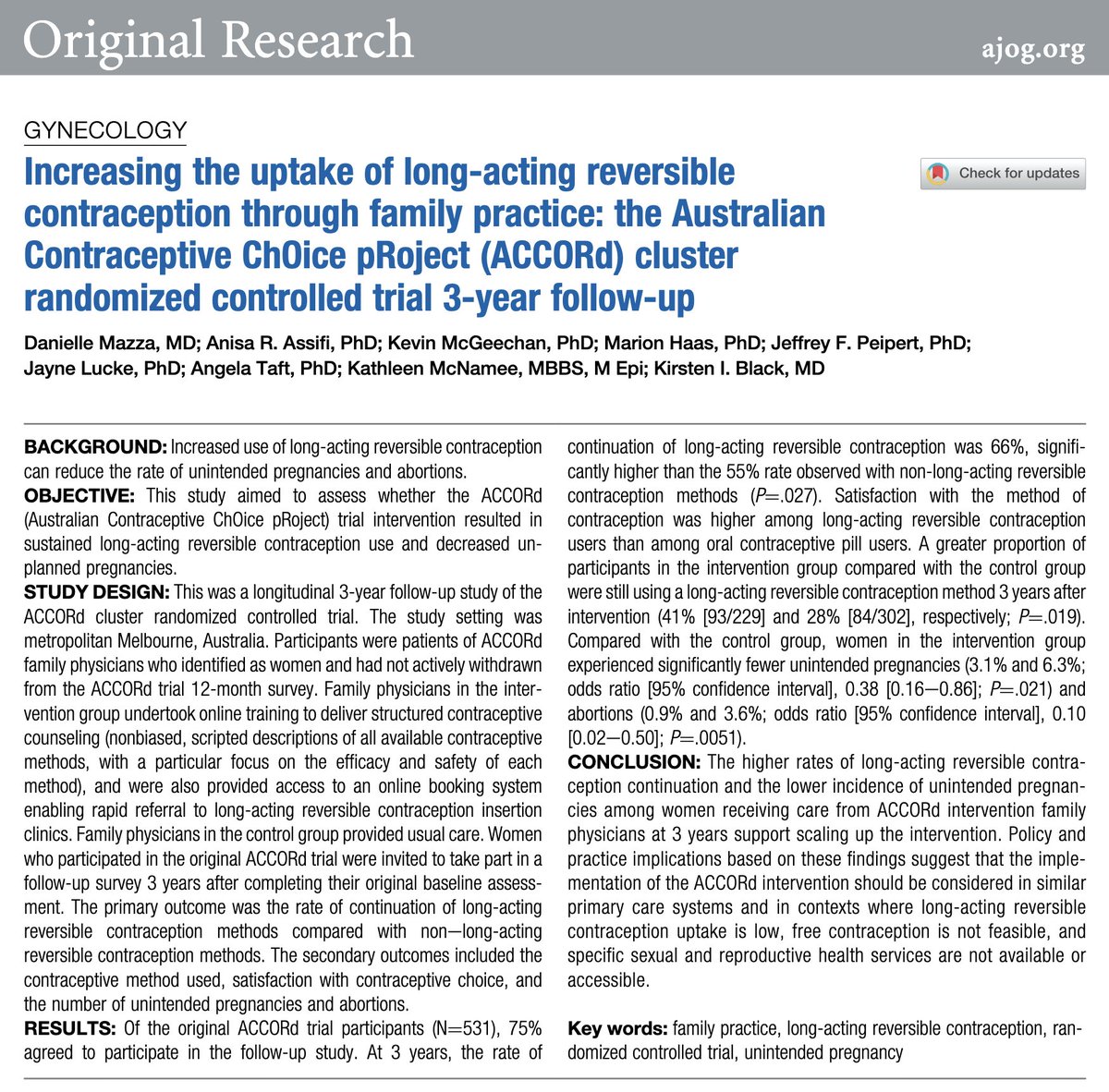 Increasing the uptake of long-acting reversible contraception through family practice: the Australian Contraceptive ChOice pRoject (ACCORd) cluster randomized controlled trial 3-year follow-up ow.ly/xL6S50X04PL
