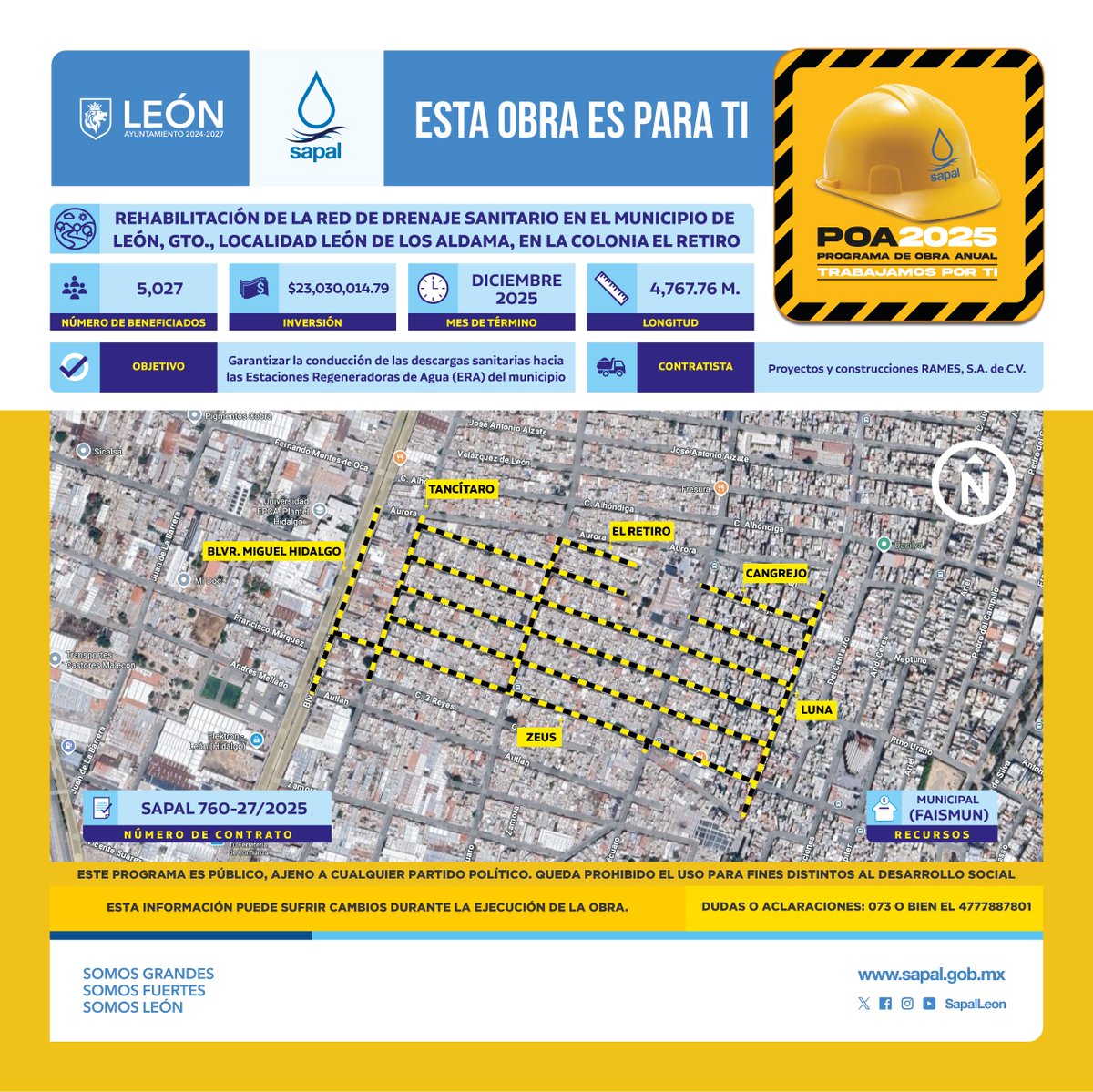 #AvisoVial🚧👷🏼 Para beneficiar a más de 5 mil vecinos que residen en la zona, rehabilitamos la red sanitaria de la colonia El Retiro.
¡Utiliza vías alternas! Entérate de las vialidades que intervenimos con esta obra y planea tus traslados.

#EnSapalTrabajamosPorTi