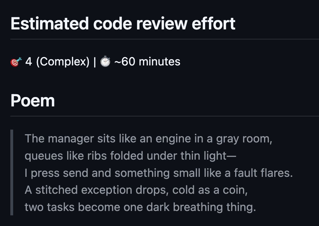 max_does_tech's tweet image. Today in "I made my AI code reviewer summarise in the form of dark poetry"... what's the change in this PR?