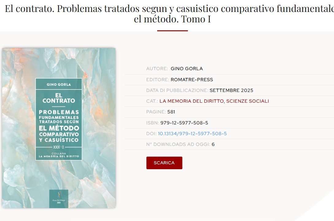 Después de tanta labor📢 Ya disponibles en línea los Tomos I y II de El contrato de Gino Gorla, traducidos al español. Descarga gratuita vía <a href="/RomaTrePress/">RomaTrE-Press</a>:
Tomo I 👉 tinyurl.com/Gorla1
Tomo II 👉 tinyurl.com/Gorla2