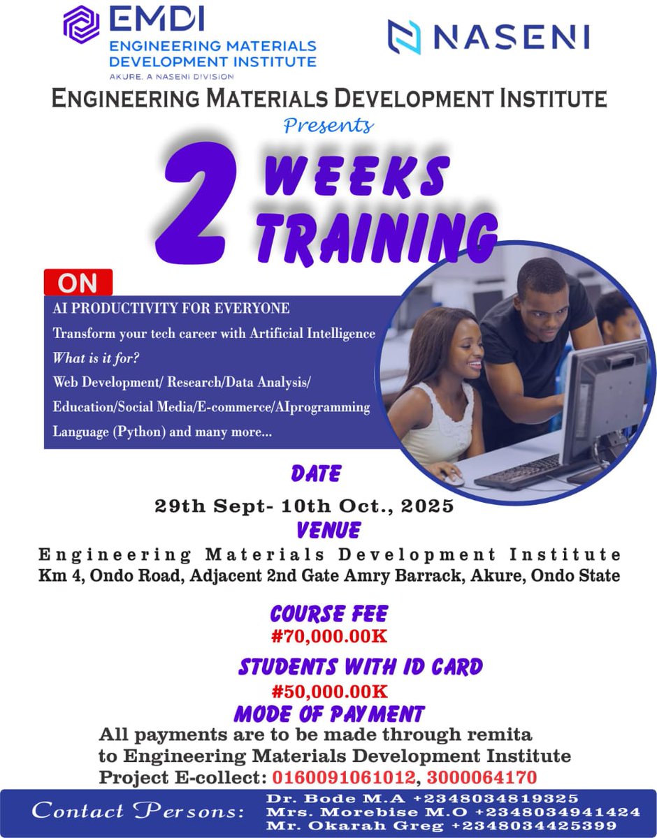 🚀 UNLOCK YOUR POTENTIAL!

Join EMDI’s 2-Week Intensive Training in Engineering, ICT &amp; AI
🧠 For Professionals, Business Owners &amp; Students
📅 Sept 29 – Oct 10, 2025
💰 Fee: ₦70K (Public) | ₦50K (Student)

✅ Upgrade your skills
✅ Expand your network