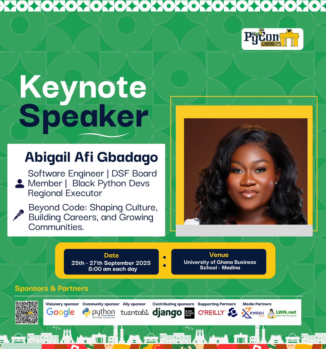 🚨🚨 KEYNOTE ALERT! 🚨🚨

🔑 At #PyConGhana2025, the keys to the notes are with <a href="/afi_maame/">Afi</a> — Software Engineer, Intl. Speaker, Open-Source Advocate, DSF Board Member &amp; Microsoft MVP. 🌍✨ Wheeew, that’s a full package! 💥

1/2