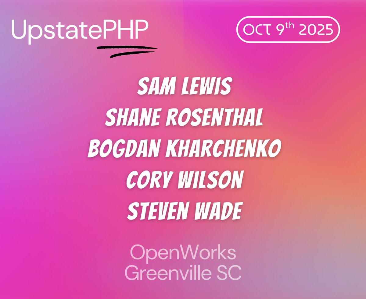 UpstatePHP's tweet image. Get ready for an incredible evening! We've lined up 5 fantastic speakers for our next meetup 🌟 Mark your calendars: Oct 9th, 6pm @ @OpenWorksGVL Can't wait to see you there!
upstatephp.com/events/fall-me…