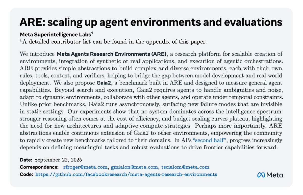Most agent benchmarks assume static, perfect worlds. But real life is asynchronous, noisy, and ambiguous. 🌍

🚀 Meet Gaia2 + ARE: a new benchmark and open-source platform for creating environments and evaluating AI agents in (more) realistic environments.