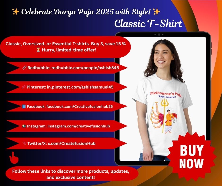Melbourne NRIs, get ready to celebrate Durga Puja 2025 in style! 🎶✨
“Melbourne’s Pujo, Durga’s Drumroll!” – the perfect festival tee for Pujo vibes abroad. 🪘
🛒 Shop now: redbubble.com/i/t-shirt/Melb…

#DurgaPuja2025 #MelbournePujo #NRIIndia #BengaliFestival #PujoVibe