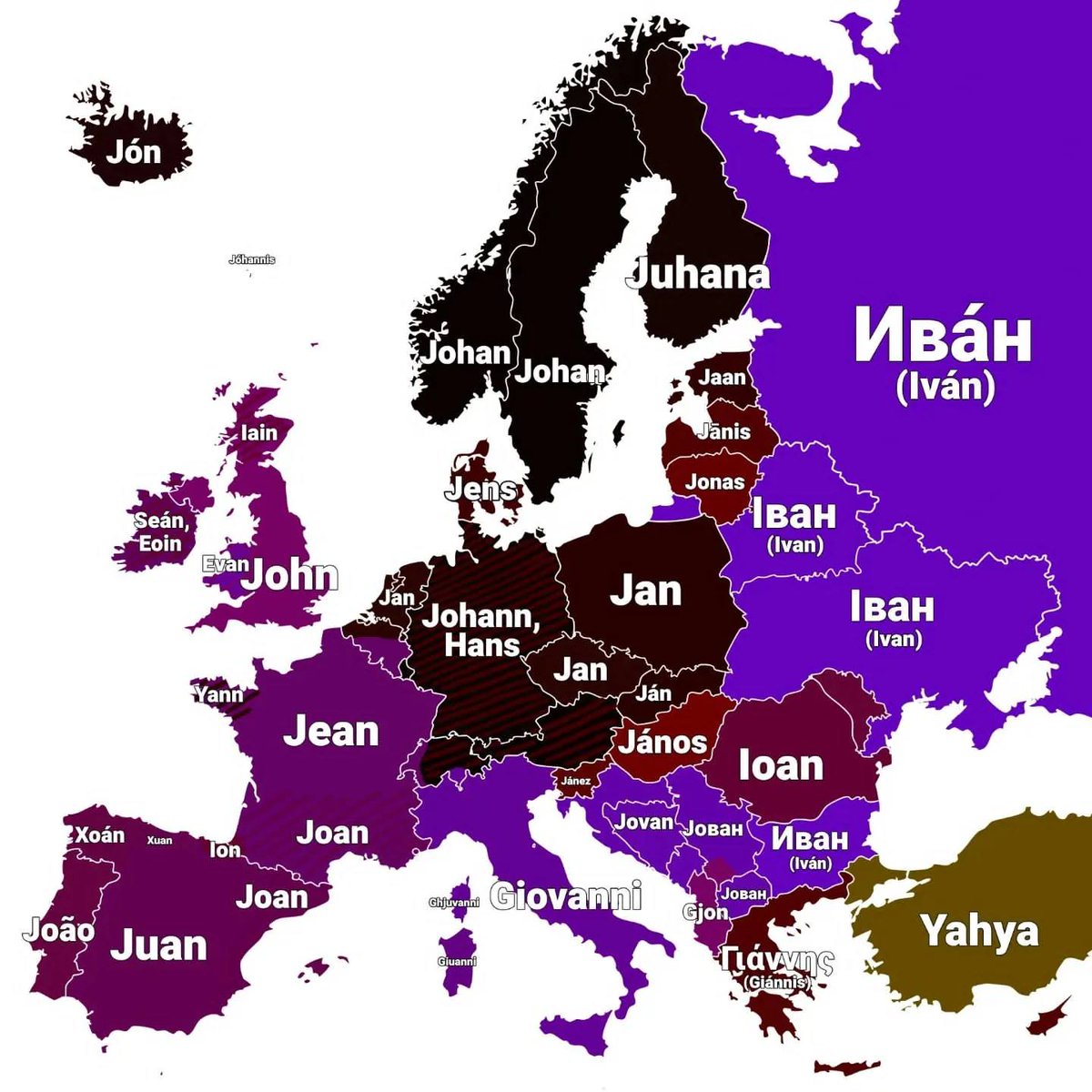amazingmap's tweet photo. How to say 'John' across Europe. https://t.co/t79U7UNJ5d