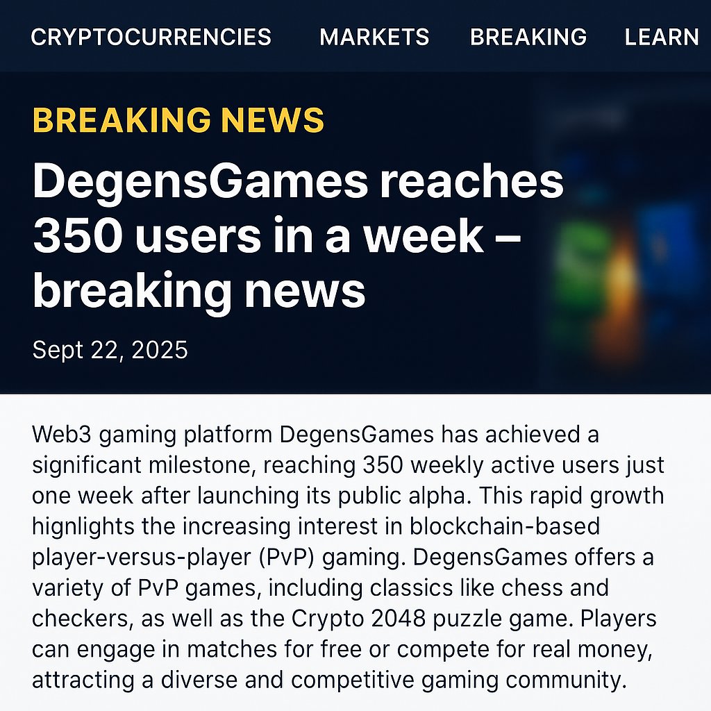 The article might be fake news 📰…
but the milestone is 100% real.

💥 350 new users in just one week!
Big thanks to everyone jumping into DegensGames - this is just the beginning.

👉 Play. Win. Earn.