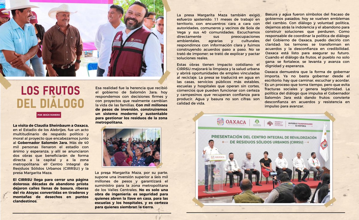 Con la Presidenta <a href="/Claudiashein/">Claudia Sheinbaum Pardo</a> y el Gobernador <a href="/salomonj/">Salomón Jara Cruz</a> ya se concretaron dos obras que transforman la vida diaria en Oaxaca:

🏗️ El CIRRSU, que fortalece la limpieza, la salud urbana y abre empleos.
💧 La presa, que asegura agua en casas, escuelas, hospitales y devuelve