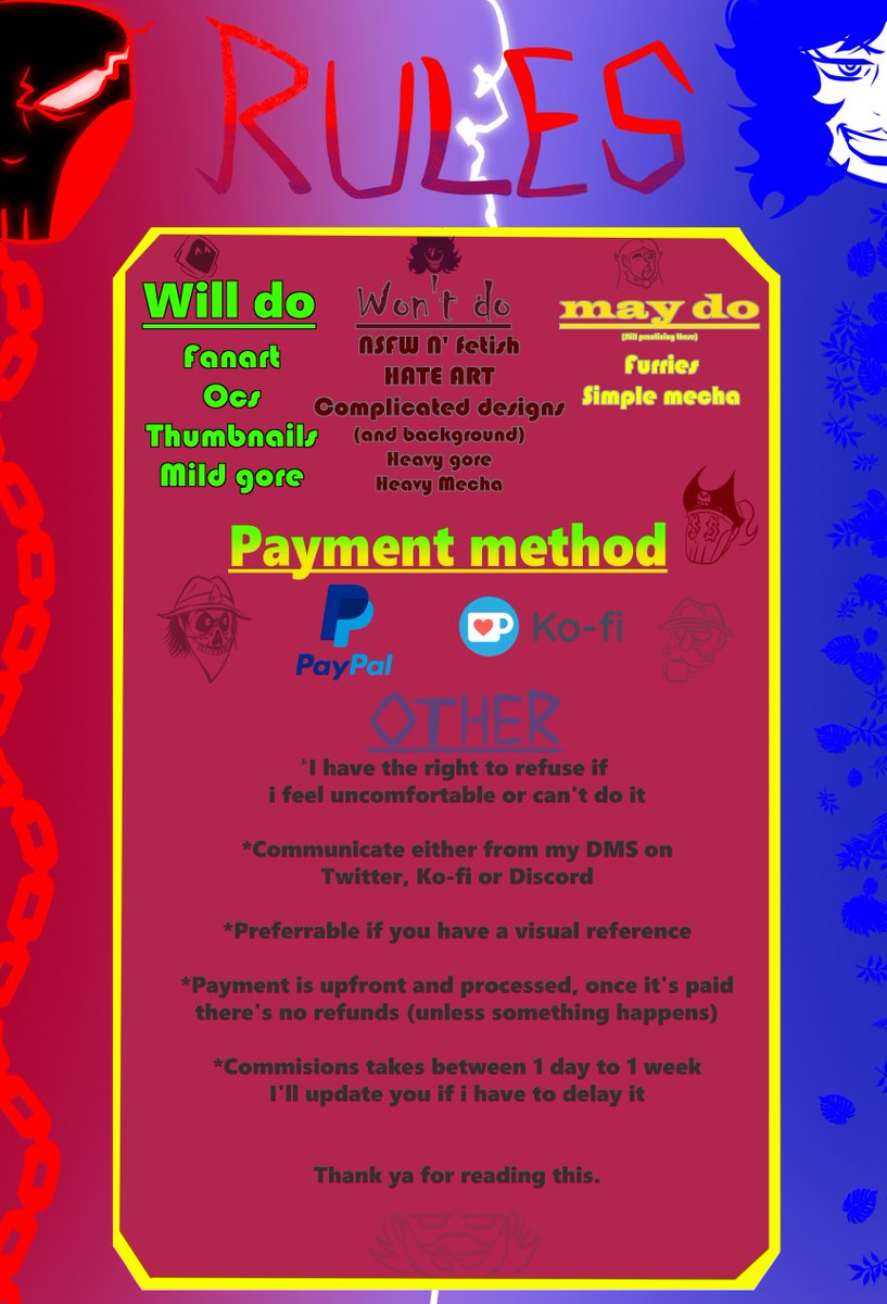 New Commision Card, including rules for it.
You want one? Have a reference ready and DM me
(Athough I can't be certain if twitter DMS works since didn't gotten one in like awhile.)