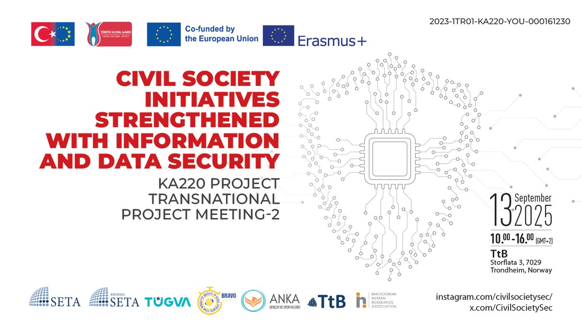 CivilSocietySec's tweet photo. Co-funded by the @ulusalajans, the project Civil Society Initiatives Strengthened with Information and Data Security held its second Transnational Project Meeting (TPM-2) on 13 September 2025 in Trondheim, Norway, hosted by TTB. @setavakfi @BrusselsSeta https://t.co/tohGpJS2cr