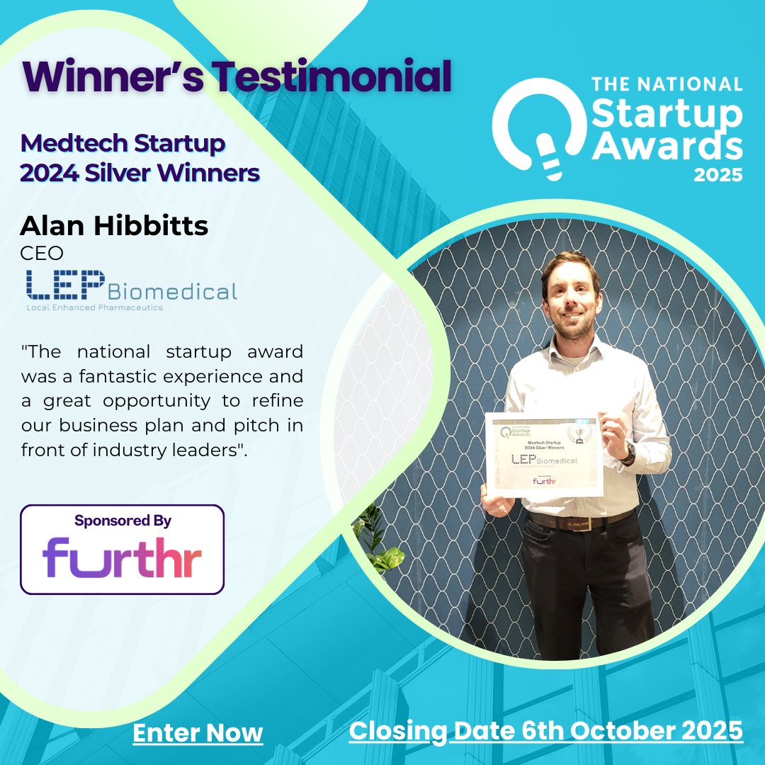 @Alan Hibbitts CEO of <a href="/LepBiomedical/">LEP Biomedical</a> celebrates winning the 2024 Medtech Focused Startup Silver Award, sponsored by <a href="/Furthr_ie/">Furthr</a>.
"It was a fantastic experience and an opportunity to refine our business plan and pitch in front of industry leaders"
Apply now: startupawards.ie