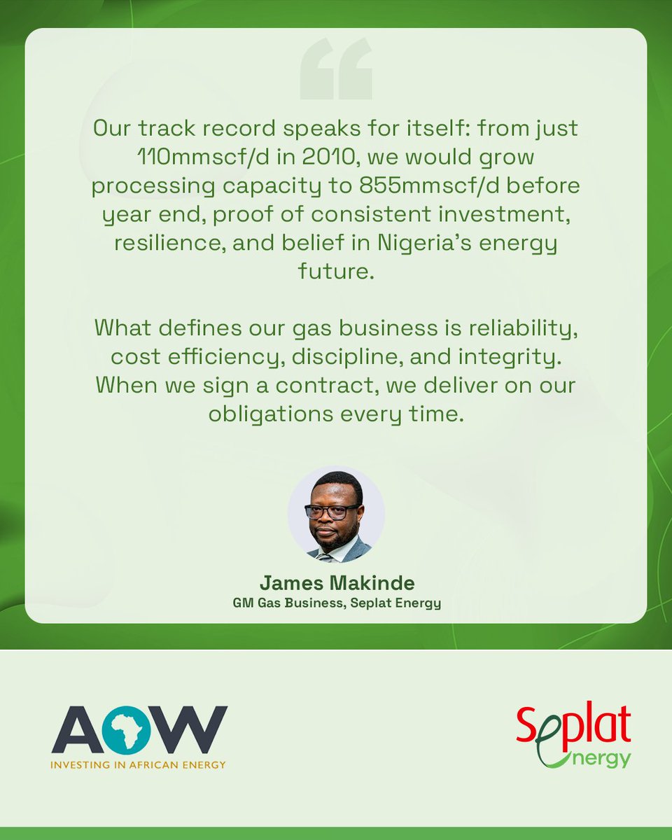 SeplatEnergy's tweet photo. At the recently concluded Africa Oil Week in Ghana, our GM, Gas Business, James Makinde, spoke at the plenary session titled “From Development to Production: Navigating the Realities of Upstream Gas Success.”

He emphasised our commitment to affordable and scalable pipeline gas, reinforcing our role in driving Africa’s energy independence.

#SeplatEnergy #AOW2025 #AfricaOilWeek #EnergyTransition #FutureOfEnergy