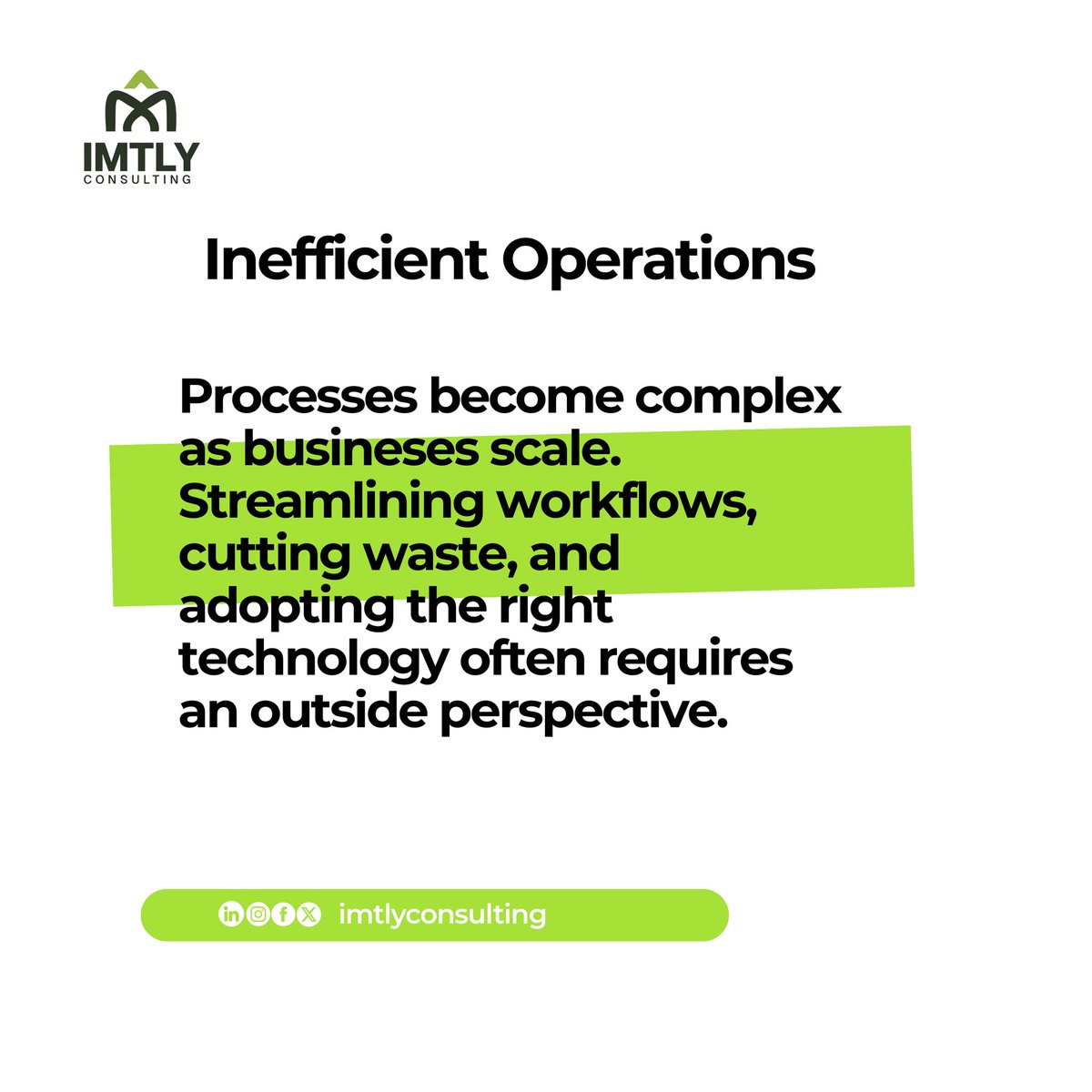 imtly_llc's tweet image. As business consultants, there are conversations which we are open to having everyday and they are centered around turning complex problemd into clear strategies that drive measurable results. 

Which of these challenges sounds familiar to your business? 

#IMTLY #IMTLYConsulting