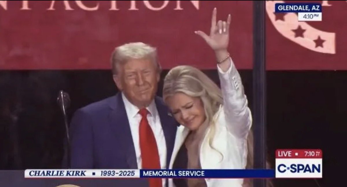 So… Charlie Kirk’s wife flashes devil horns right next to Trump at his memorial service. 👀 If a Democrat did this, Fox News would already be running a 24/7 special about satanic rituals in politics.