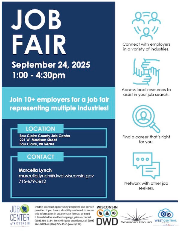 It only takes one connection to change your career, so come network at our Job Fair on September 24. Experience the endless potential of multiple industries in one afternoon! 🕐 1–4:30 PM 📍 Eau Claire County Job Center wcwwdb.org/news-and-media…