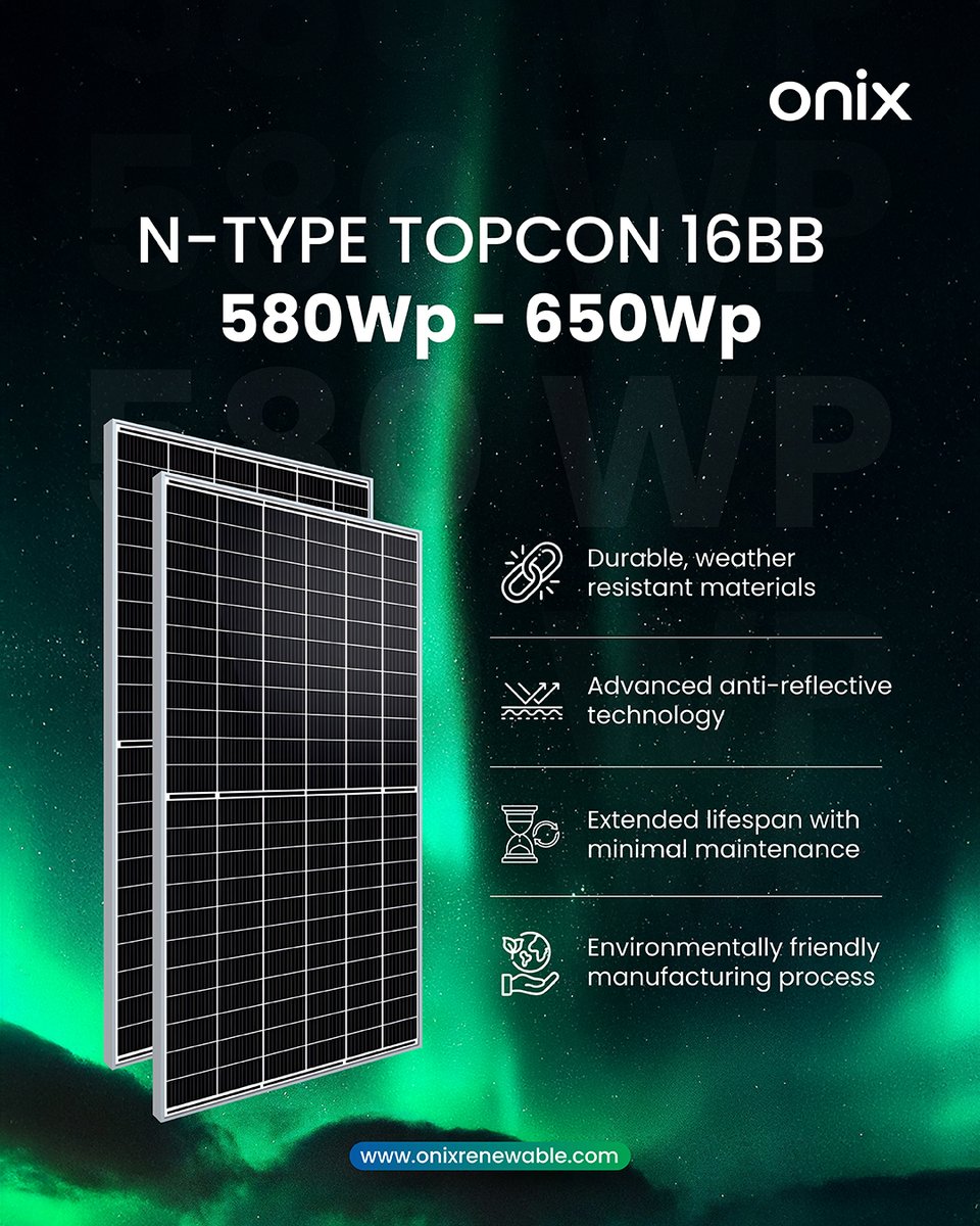onixrenewable's tweet image. Solar built smarter. 🔆 With anti-reflective tech, weather resistance, and a longer lifespan, the N-Type TOPCon 16BB is engineered to shine brighter and last longer. 🌱

#OnixRenewable #SolarInnovation #TOPConTechnology #GreenEnergy #SolarModule #CleanEnergyIndia #FutureOfSolar