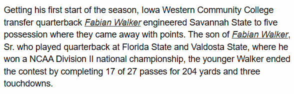 Congrats to former <a href="/ChambleeFB/">Chamblee High School Football</a> great <a href="/FabianWalkerJr1/">Fabian “Fabo” Walker Jr</a> on his 1st Collegiate Start and 1st Collegiate Win!!