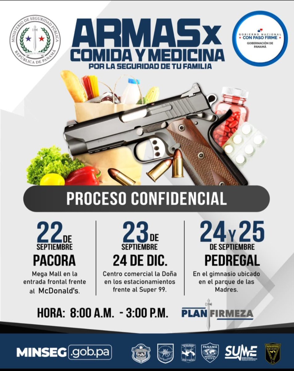 Del 22 al 25 de septiembre, unimos fuerzas con la gobernadora de Panamá <a href="/CorreaMayin/">Mayin Correa</a> en el programa “Armas por Comida y Medicina”.
Transformamos la violencia en esperanza, el miedo en alimento y la inseguridad en salud.
Porque la paz se construye con el aporte de todos.