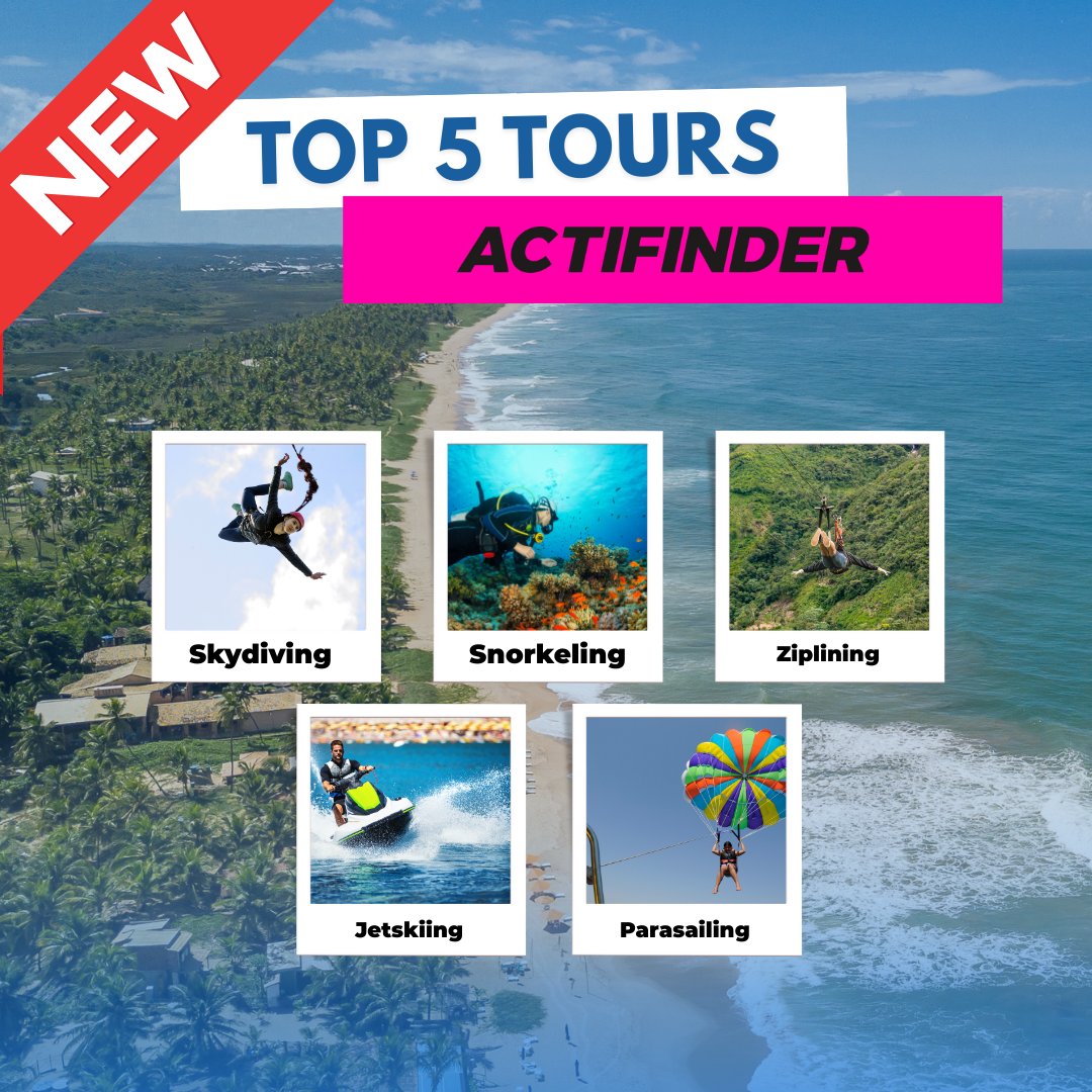 actifinderza's tweet photo. Check out some of the most popular tours on Actifinder.🪂🥽🌍

Which adventure are you choosing first? Find them all on the Actifinder app!

#Actifinder #Tours #Top5 #AdventureTravel #Skydiving #Snorkeling #Ziplining #Jetskiing #Parasailing #ThrillSeeker #NewFeature https://t.co/L0wGrlRdx9
