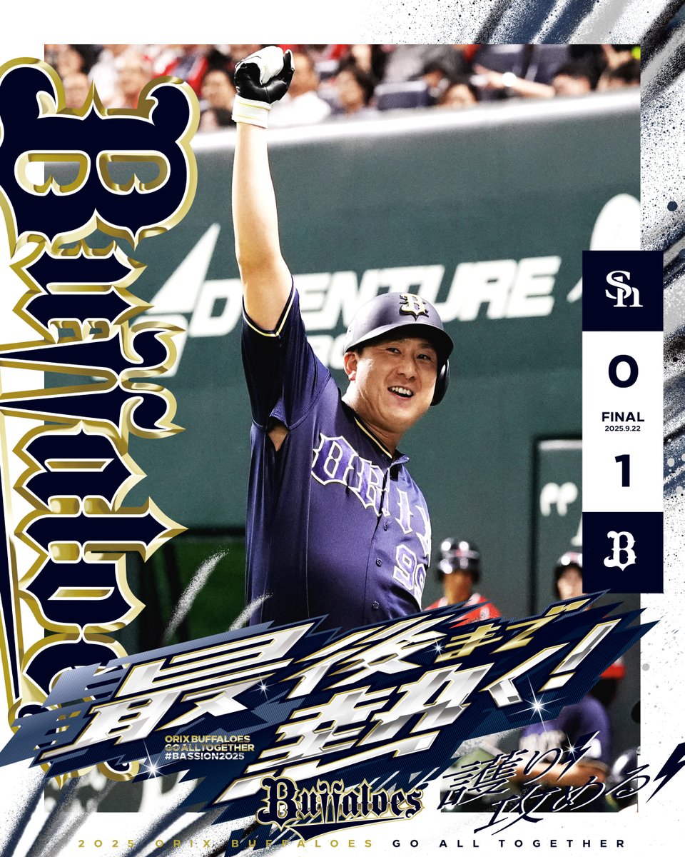 9月︎22日（月）
福岡ソフトバンク 0-1 オリックス
【勝】入山【敗】松本裕【S】才木

杉本が均衡を破る一発！ロースコアの投手戦を制す！
buffaloes.co.jp/gamelive/resul…

◇ 岸田 護 監督