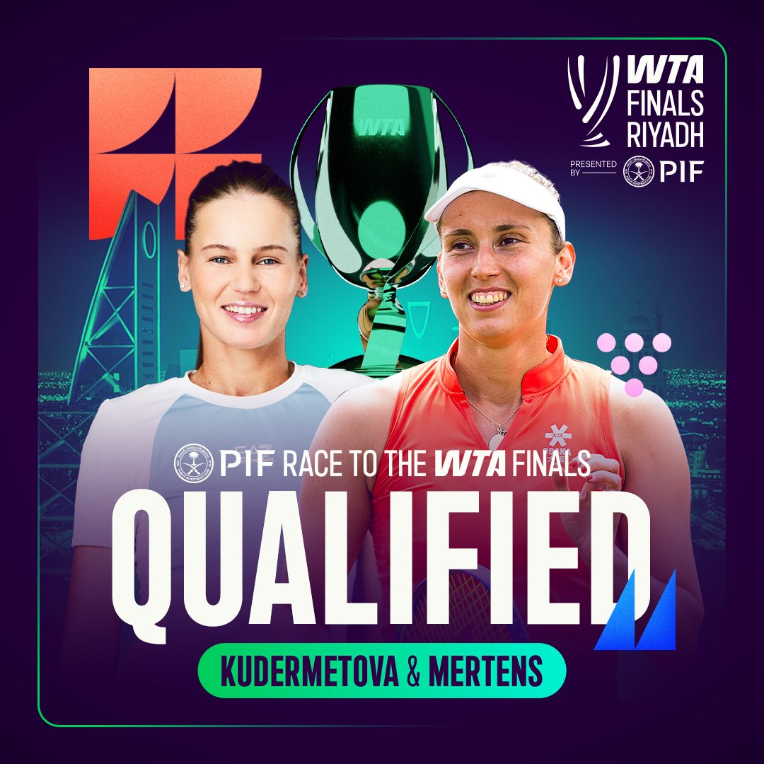WTA's tweet image. The 2022 Champions return 👏
Veronika Kudermetova and Elise Mertens have qualified for the #WTAFinalsRiyadh through the PIF Race to the WTA Finals. What a way to cap off a memorable season, which included a first Grand Slam title as a pair at Wimbledon 🙌
@WTAFinalsRiyadh