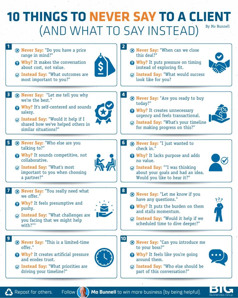 AlwaysKeepL's tweet image. 10 Things to never say to a client