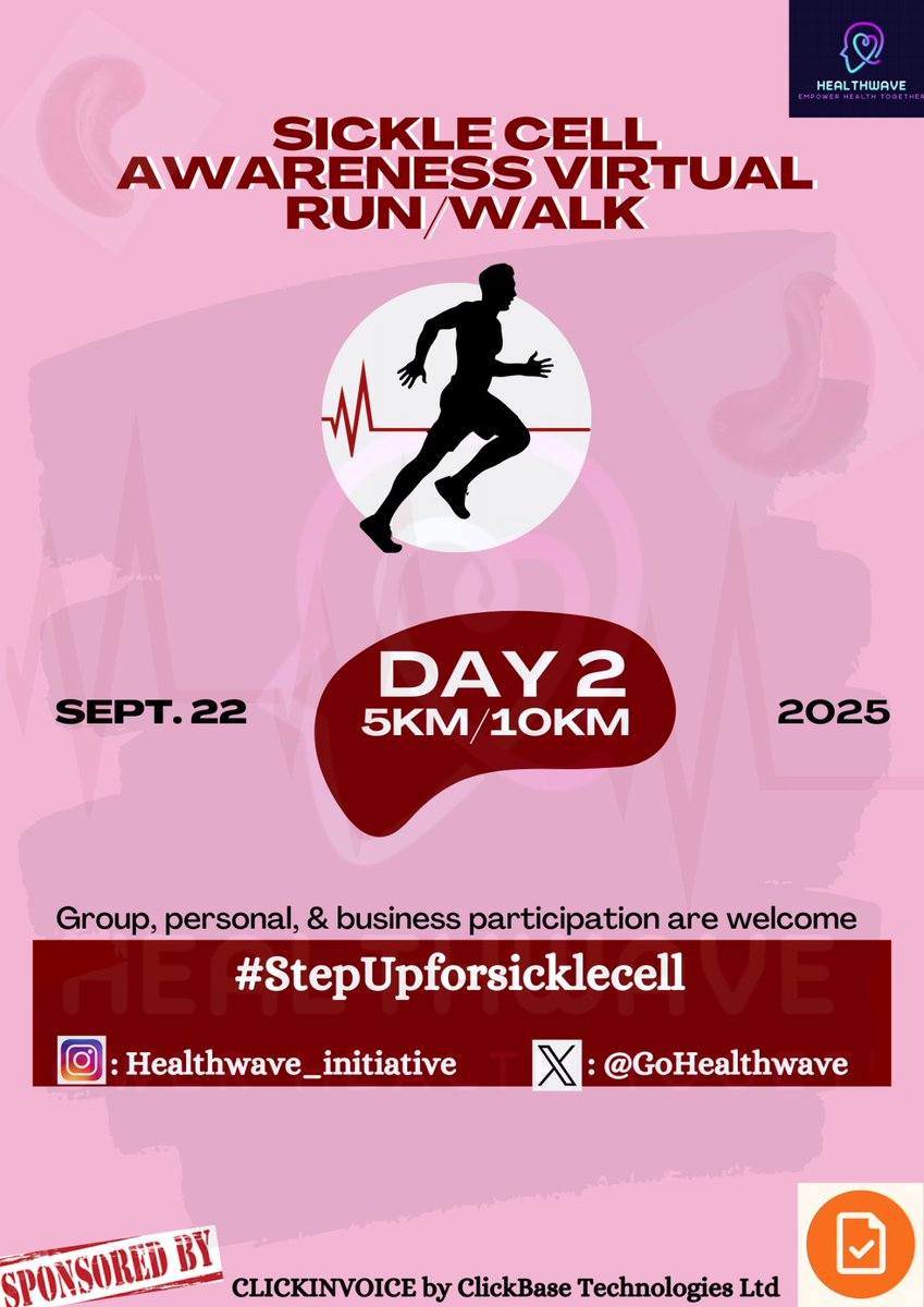 GoHealthWave's tweet photo. All week long, we’ll be moving for warriors &amp; raising awareness. 

Whether you walk, jog, or run!

Register to get a bib and certificate: https://t.co/MgikY6pItG

21st - 27th Sept. - Nigeria
21st - 05th Oct. 2025 - Rwanda

Tag us #StepUpforsicklecell https://t.co/fHFt9ND9Aq