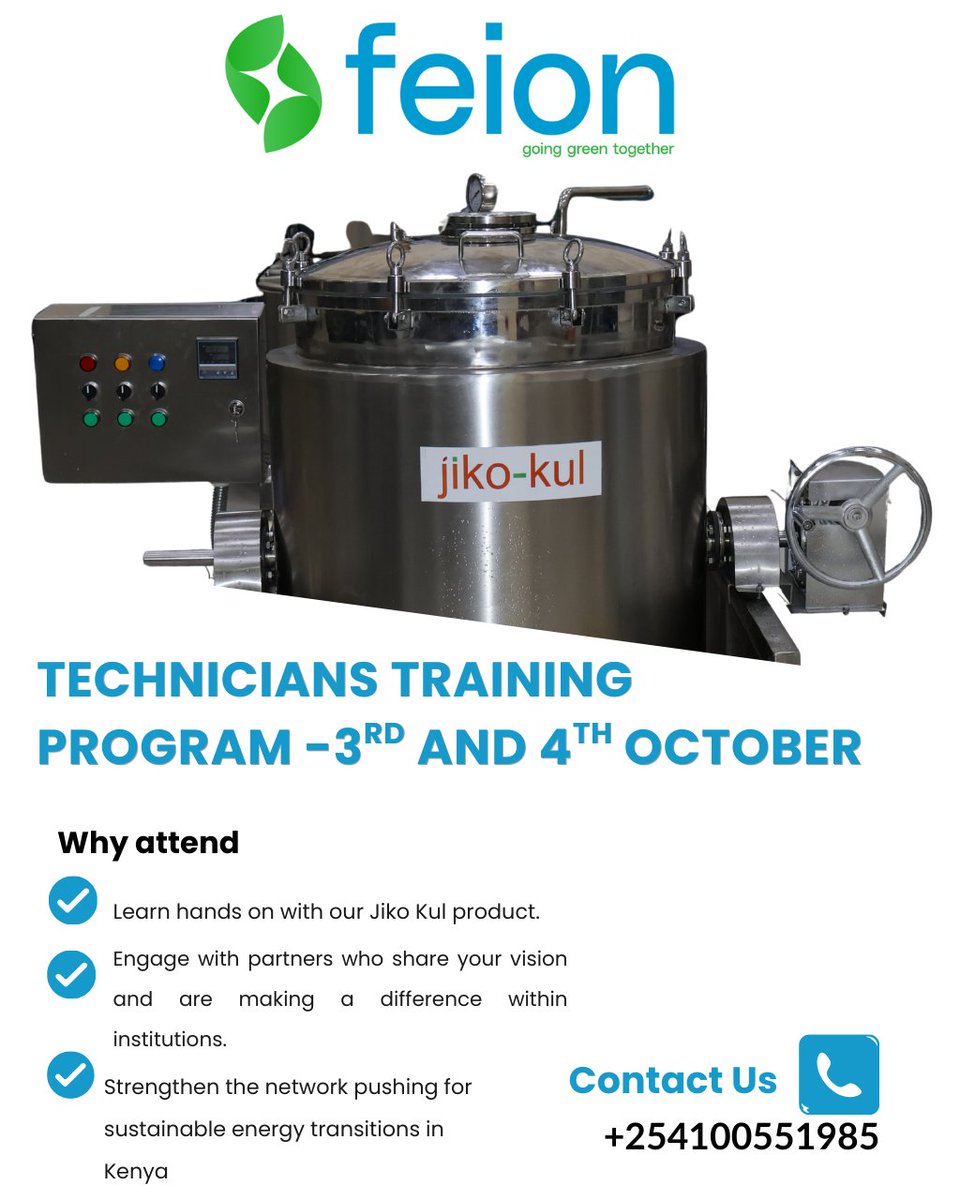 🚀 Calling all partners, innovators, and clean energy champions!

Feion Green Ventures is excited to announce our upcoming Technician Training Sessions happening on October 3rd &amp; 4th, from 11:00 AM.

#CleanCooking #JikoKul #SustainableEnergy #FeionGreenVentures