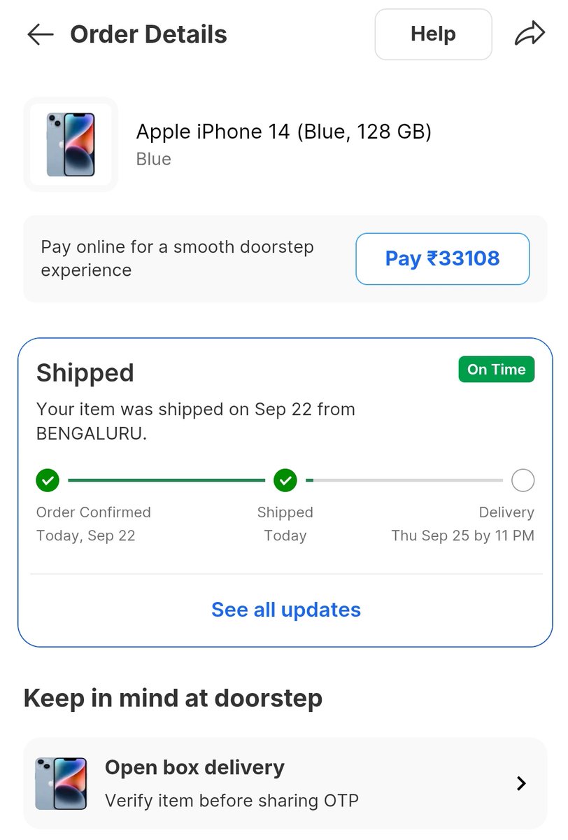 JustinSolaman's tweet photo. Flipkart BBD Scam: Ordered iPhone 14 for ₹33K,reached 100 km from me, then CANCELLED citing ‘logistics issue’. Support told me to re-order ₹55K. Plus customer treated like nothing. This is fraud. @flipkartsupport #Scamkart #FlipkartScam #FlipkartFraud https://t.co/rX8SCYlZHh