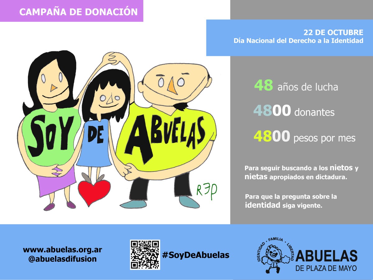 📢Sumate a la Campaña #SoyDeAbuelas 
📍Del 22 de septiembre al 22 de octubre, Día Nacional del Derecho a la Identidad
🤝🏻Convertite en donante y acompañá la búsqueda de Abuelas también económicamente
♥️Para seguir buscando a los nietxs que faltan
▶️abuelas.org.ar/prensa-y-difus…