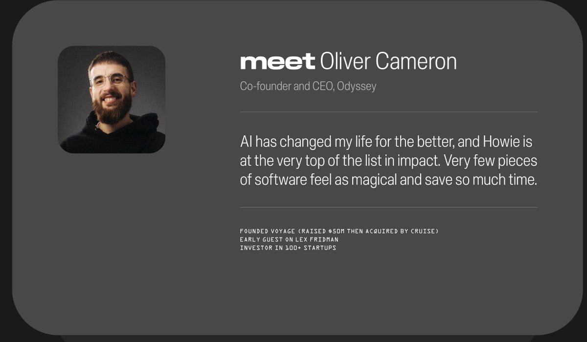 Howie (howie.com) lives in email and manages your
calendar with the finesse of a world-class EA and the
precision of a bleeding-edge Al.

He currently schedules 5,000 meetings per week for
more than 1,000 paying customers.

Today we're announcing 3 things:

1.