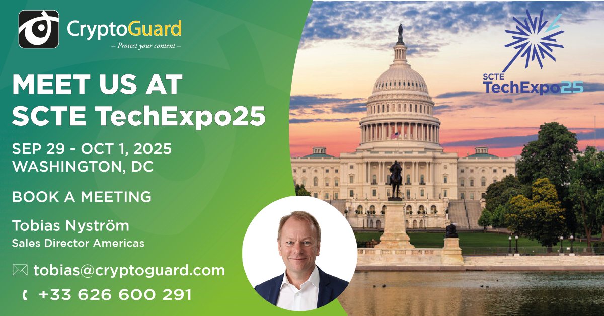 Meet Us at SCTE TechExpo25 next week in Washington DC from Sep 29 – Oct 1.   Interested in our cost-effective and scalable End-to-End #OTT solutions and studio-grade #CAS / #DRM video #contentprotection? Let’s connect! 📩 Book a meeting: tobias@cryptoguard.com